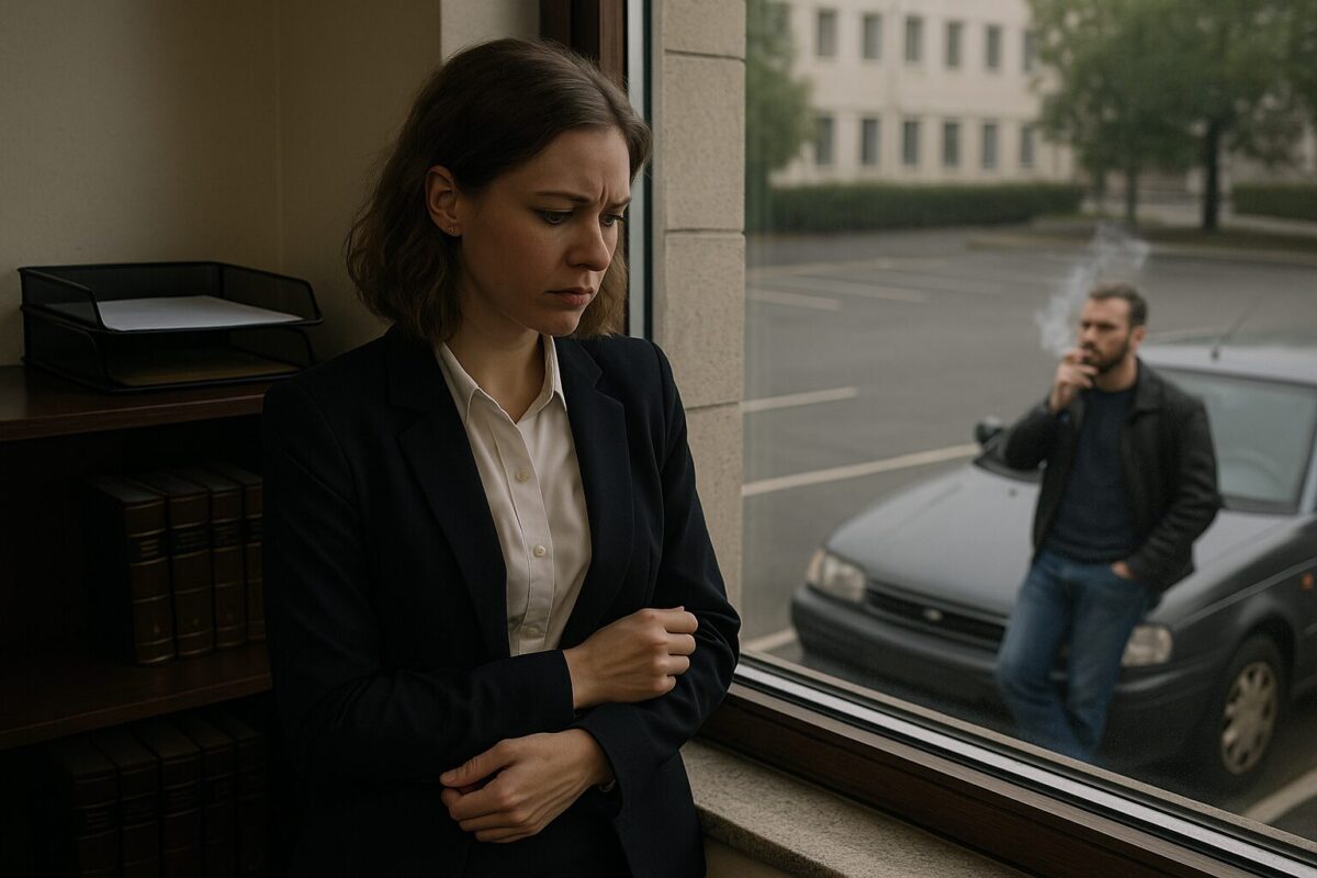 Женщина стоит у окна нотариуса и нервно смотрит на мужа, стоящего у машины.