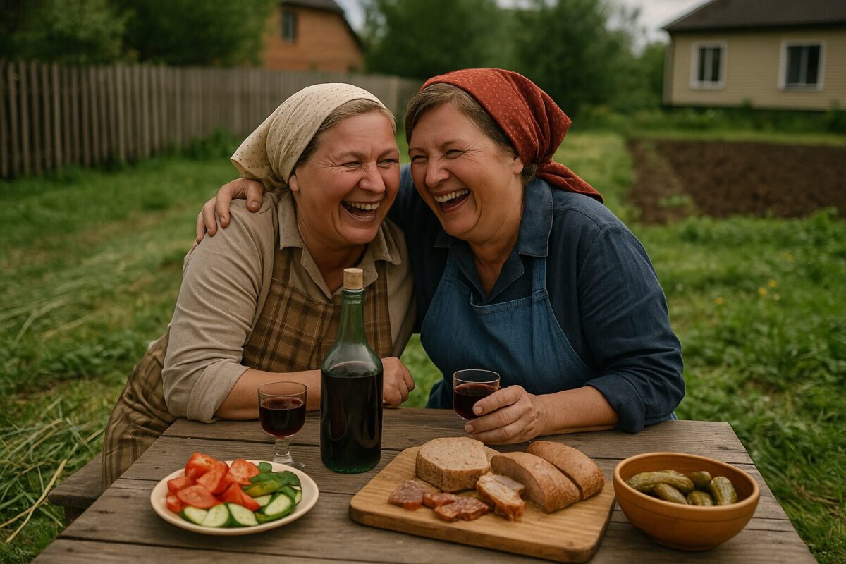 Две сельские женщины сидят за столом с вином и закусками, смеются и обнимаются.