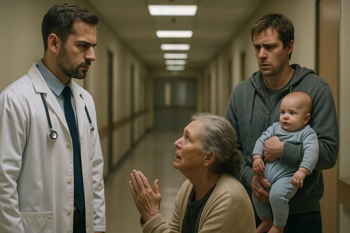 Врач смотрит на упавшую на колени женщину в больничном коридоре.