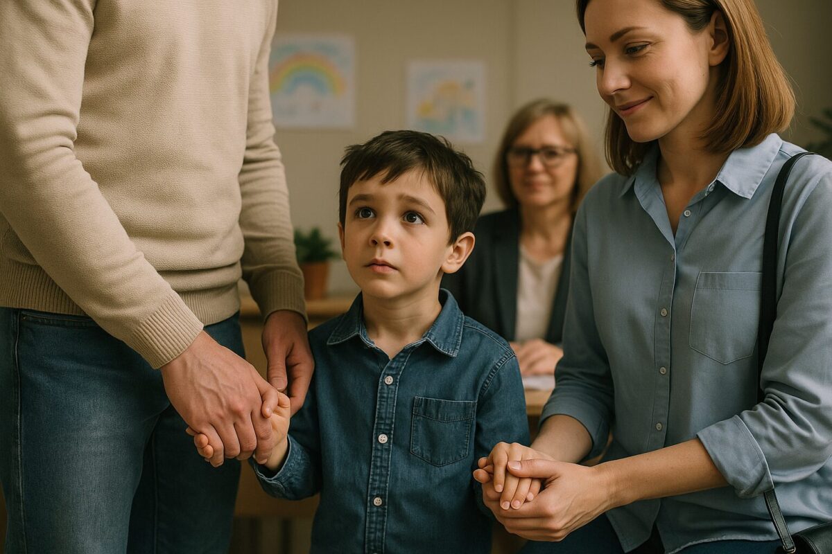Мужчина и женщина держат за руки мальчика в приёмной детдома — момент эмоциональной встречи.