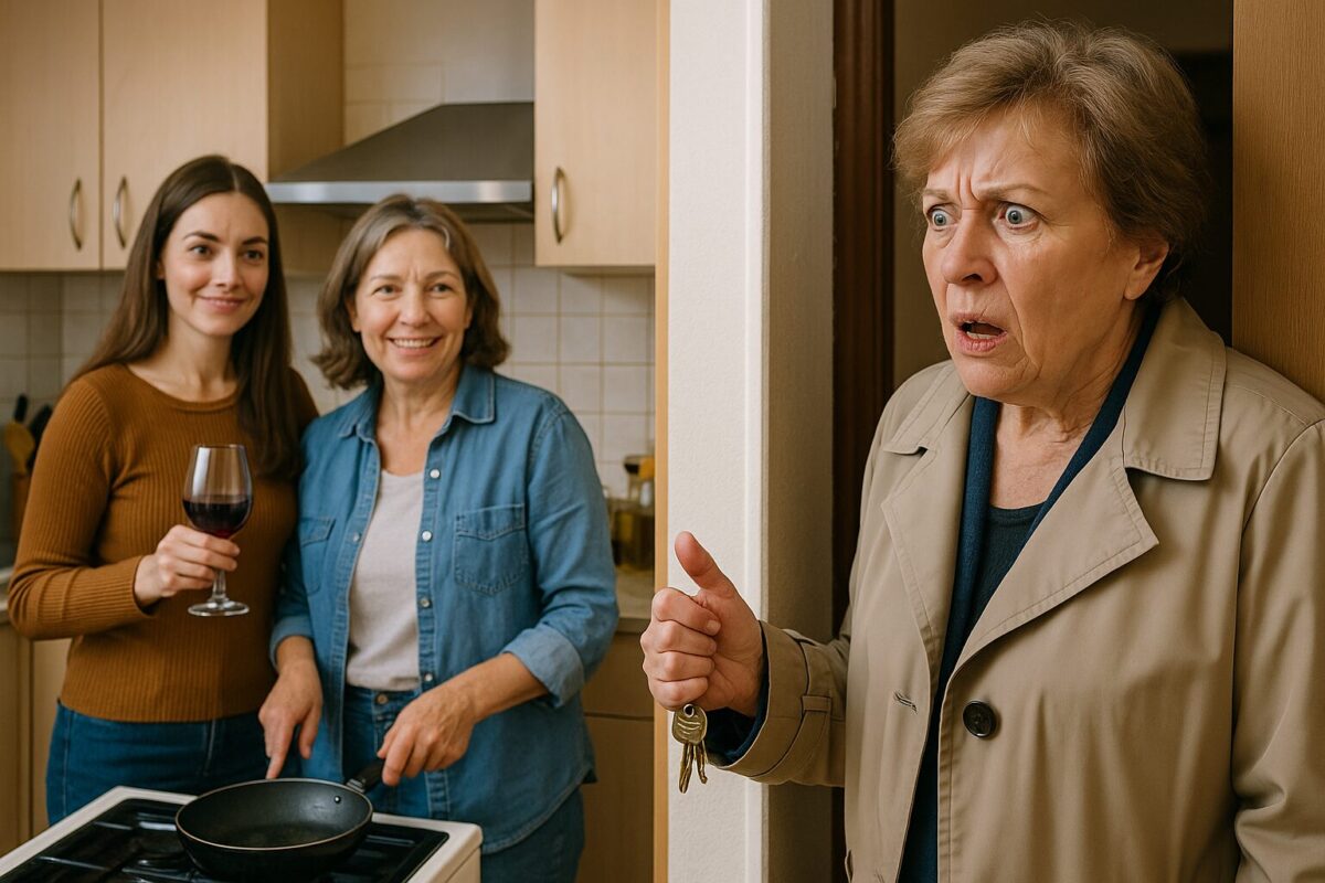 Свекровь с ключами в руках стоит в дверях, поражённо глядя на невестку и её союзницу у плиты.