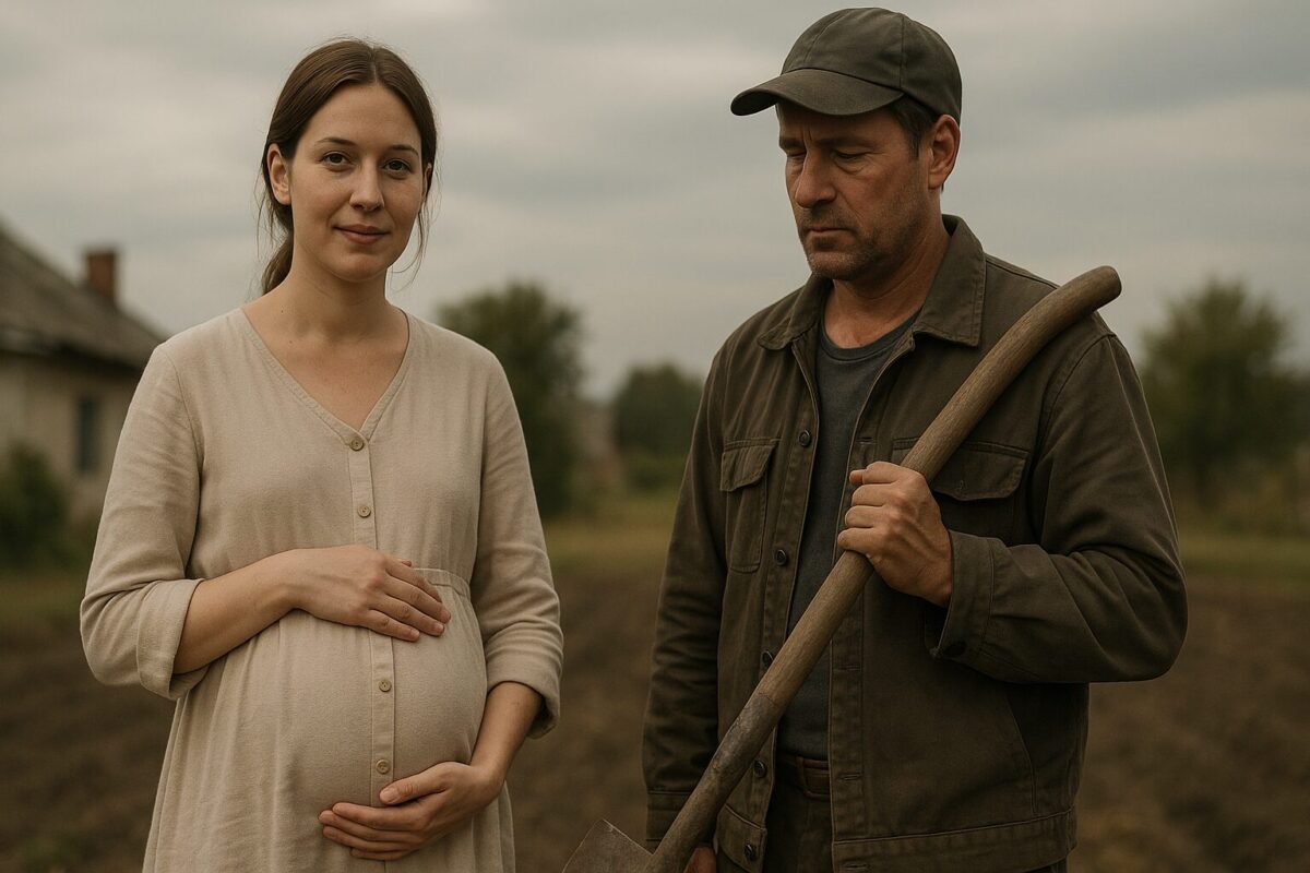 Беременная женщина в простой одежде с мягким взглядом стоит на фоне сельского пейзажа, рядом — уставший мужчина в рабочей куртке с лопатой; атмосфера спокойствия, ожидания и внутренней готовности к переменам.