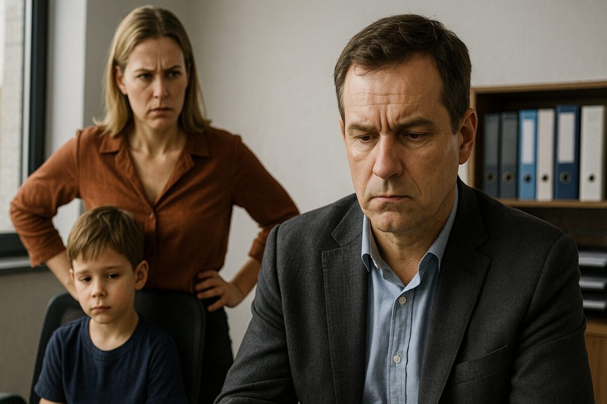 Мужчина в костюме сидит за столом, рядом грустный мальчик и женщина с гневным взглядом.