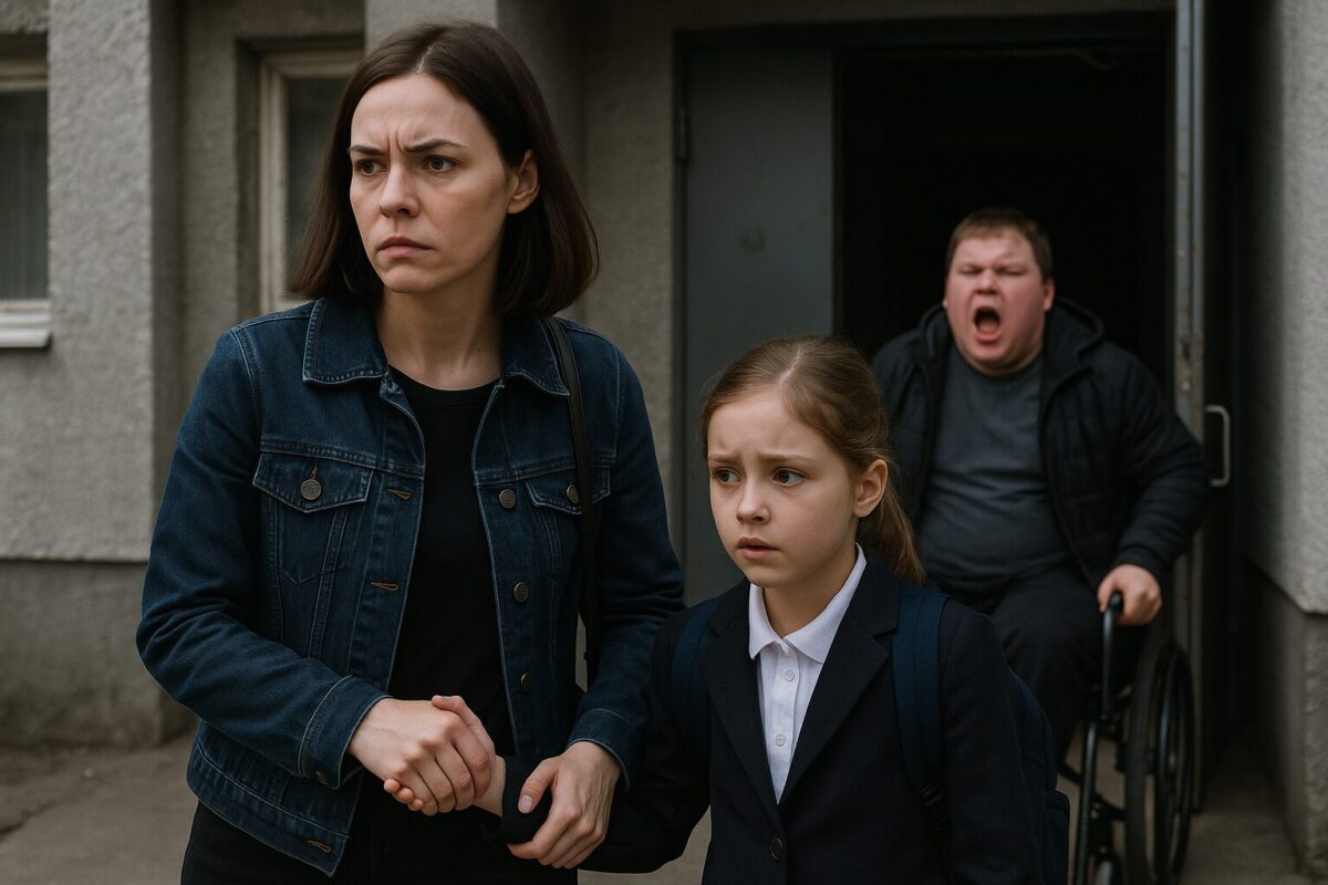 Женщина уводит девочку от кричащего подростка в инвалидной коляске у подъезда.