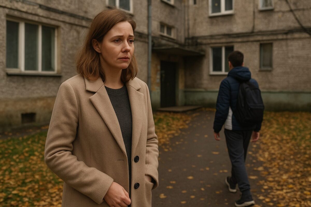 Женщина смотрит вслед подростку у подъезда старой хрущёвки.