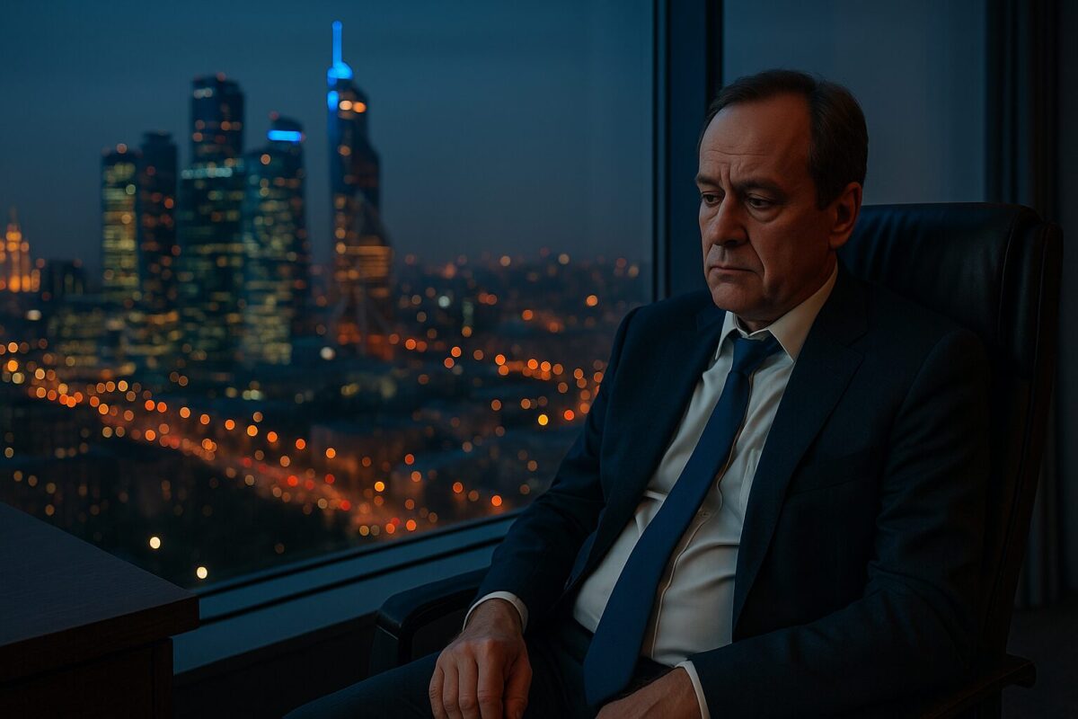 Мужчина в деловом кабинете с видом на вечернюю Москву смотрит на журнал с глянцевой обложкой.