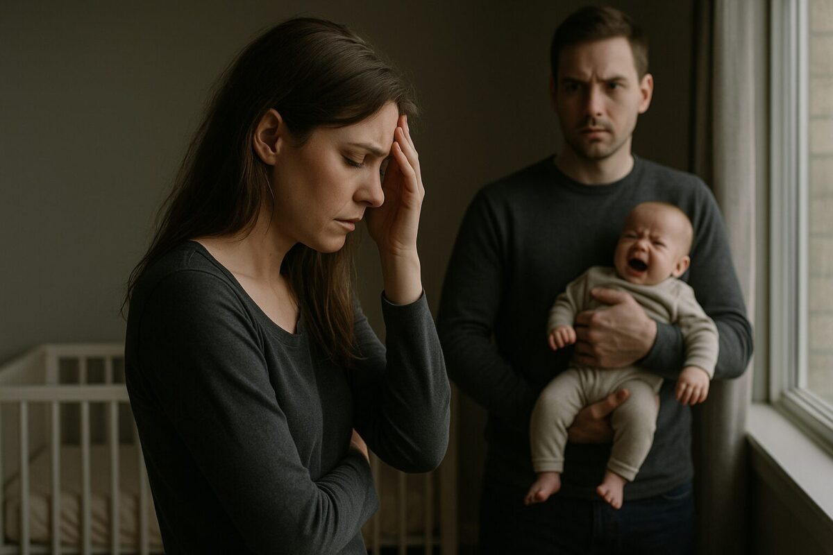 Мужчина держит младенца, а женщина в шоке отворачивается к окну.