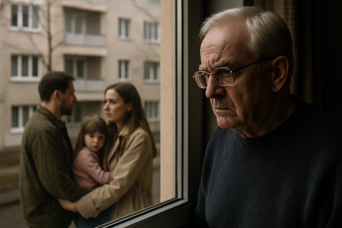 Пожилой мужчина смотрит в окно с тревожным лицом, в отражении — силуэты молодой пары с ребёнком.