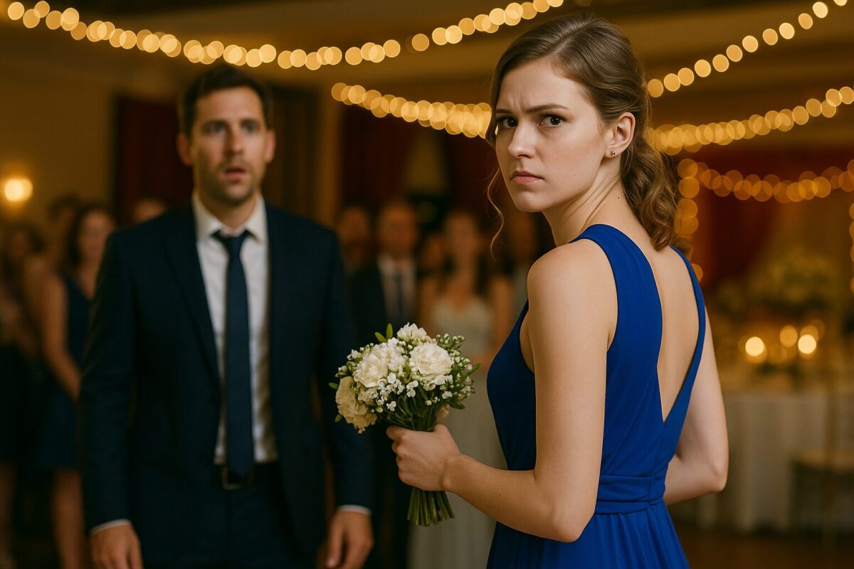 Девушка в синем платье с букетом на фоне свадебного зала, позади мужчина в костюме.
