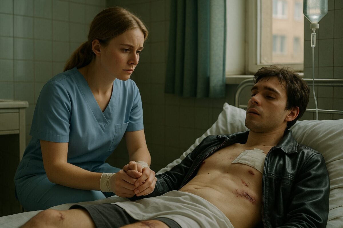 Марина держит за руку раненого Максима в больничной палате.