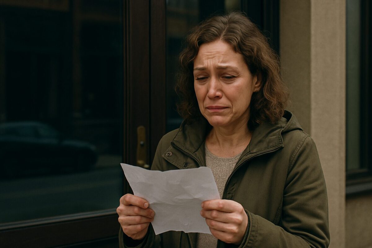 Женщина на фоне закрытого кафе с дрожащими руками и слезами в глазах.