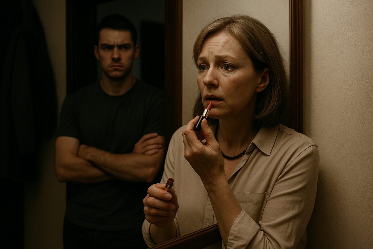 Женщина наносит помаду перед зеркалом, видно ее дрожащую руку и сомневающийся взгляд в отражении.