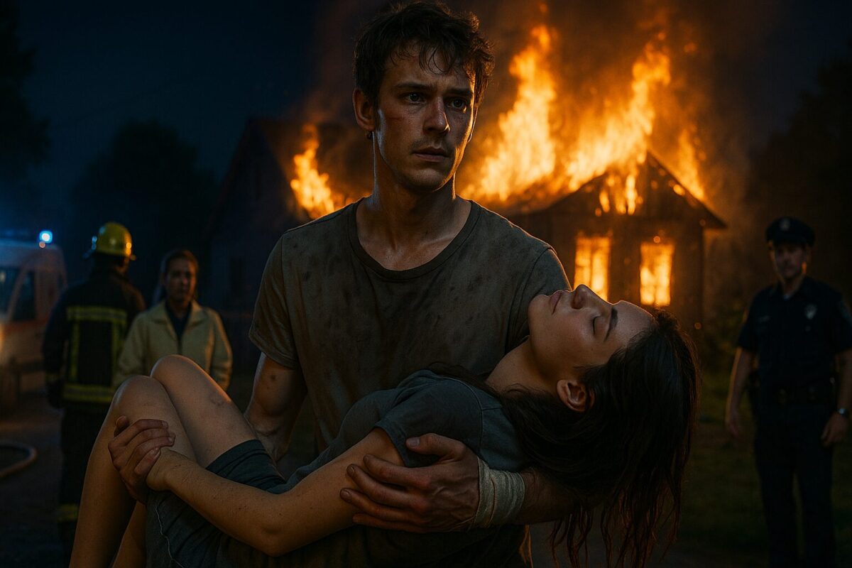 Молодой парень с растрёпанными волосами и бинтами на руках несёт без сознания девушку на фоне ночного пожара; вокруг — спасатели, полицейские и медики, пламя охватывает дом, в воздухе напряжение и героизм.