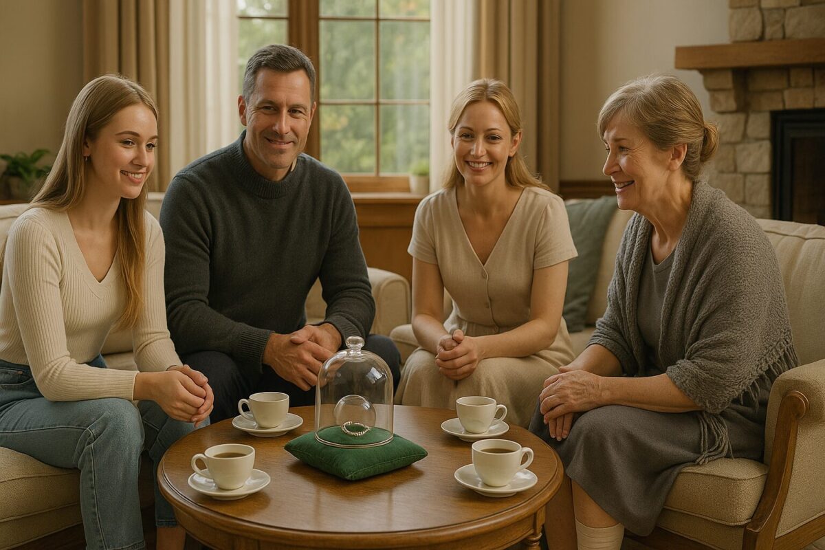 В светлой уютной гостиной за круглым столом с чаем сидят трое женщин и мужчина, в центре — стеклянный колпак с серебряным браслетом на зелёной подушке; на лицах — тёплые улыбки, в атмосфере чувствуется завершение истории и спокойное счастье.