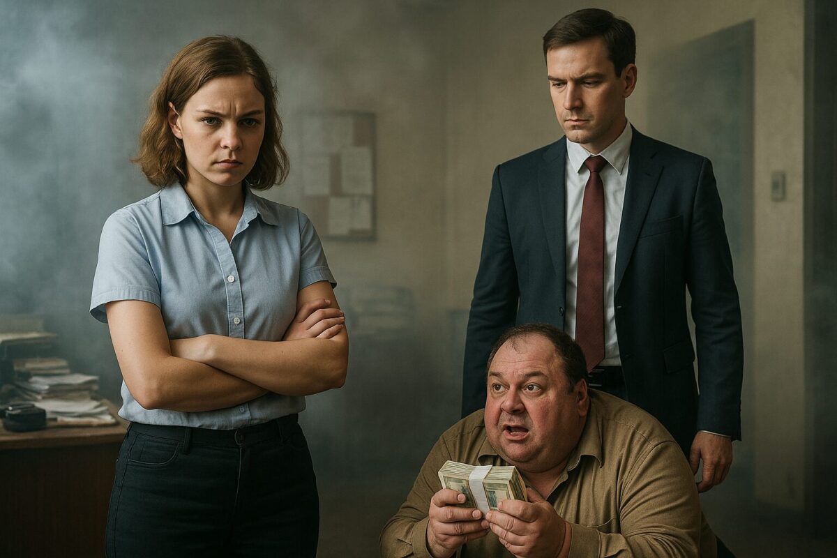 Маша и Алексей стоят в задымлённом офисе, рядом на полу — шеф с деньгами в руках