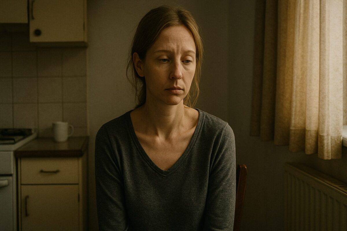 Худощавая женщина с бледным усталым лицом сидит одна в тускло освещённой кухне у окна, на лице — пустой взгляд и внутренняя тишина; атмосфера остановившегося времени.