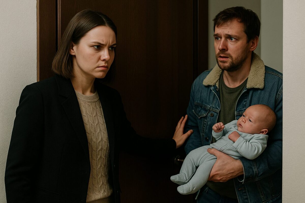 Женщина с холодным выражением лица закрывает дверь перед родным братом с младенцем на руках.