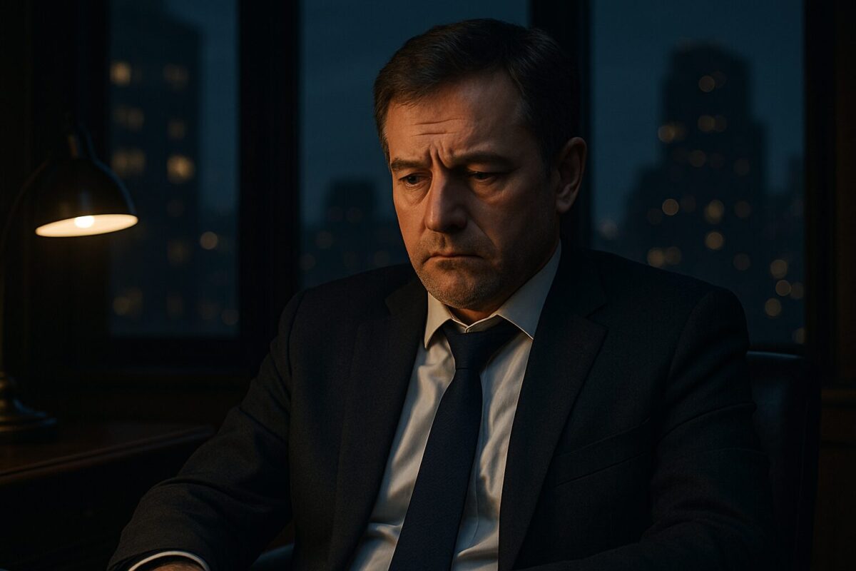 Мужчина в кабинете выглядит подавленным.