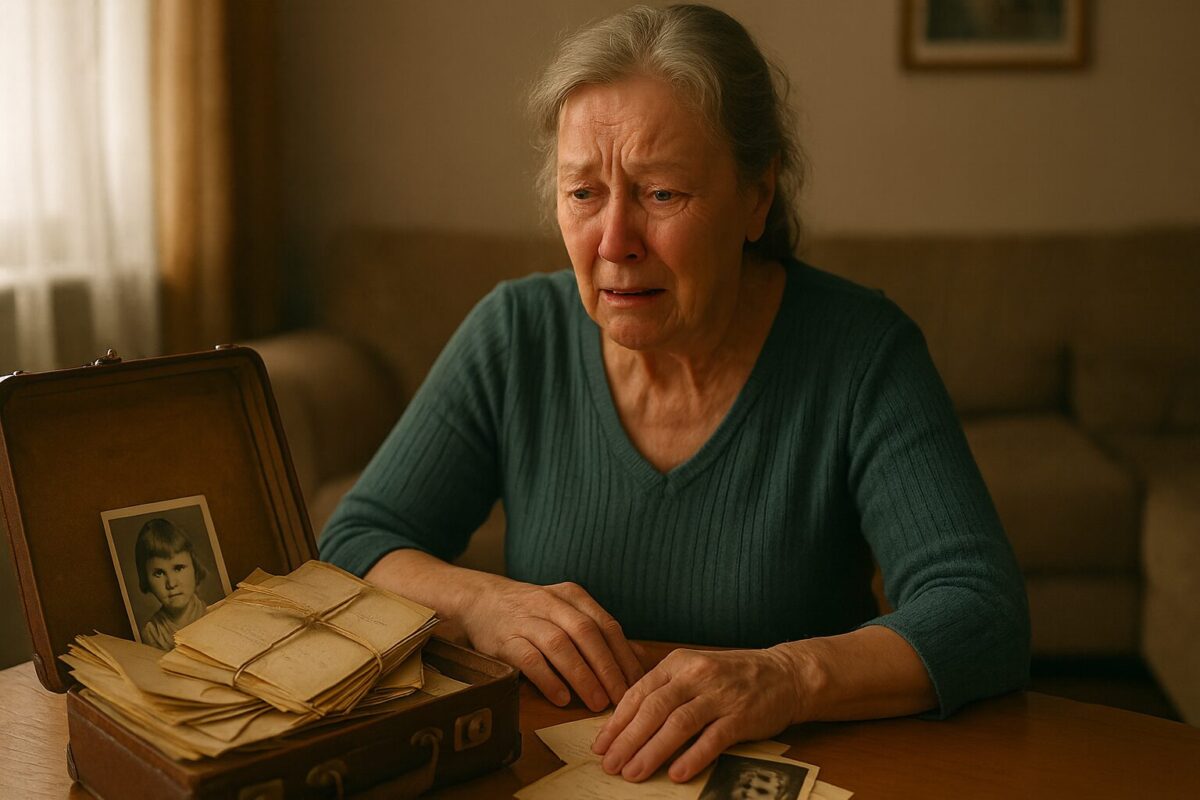 Пожилая женщина в слезах смотрит на раскрытый чемодан с письмами и старыми фото
