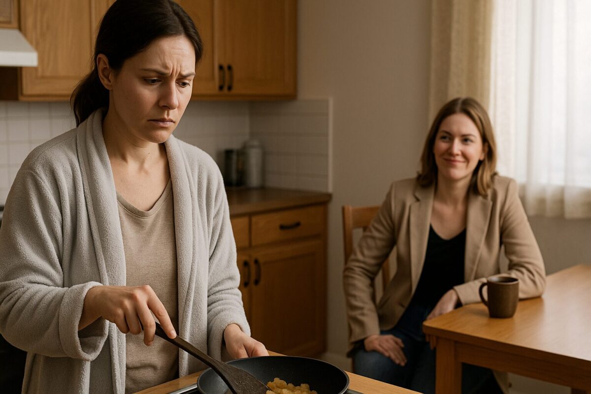 Сестры на кухне: одна готовит с грустью, другая язвительно наблюдает.
