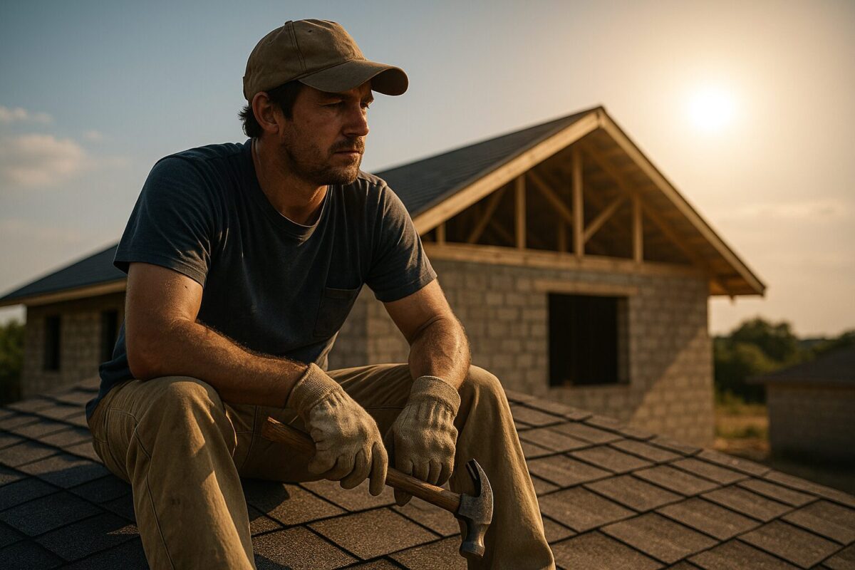 Уставший мужчина на крыше с инструментами, солнце палит, лицо в тени — символ тяжёлой работы.