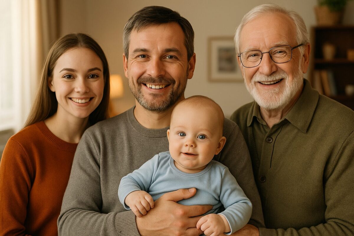 Дмитрий держит на руках младенца, рядом дочь Марина и отец Алексей, все улыбаются в тёплой домашней обстановке.