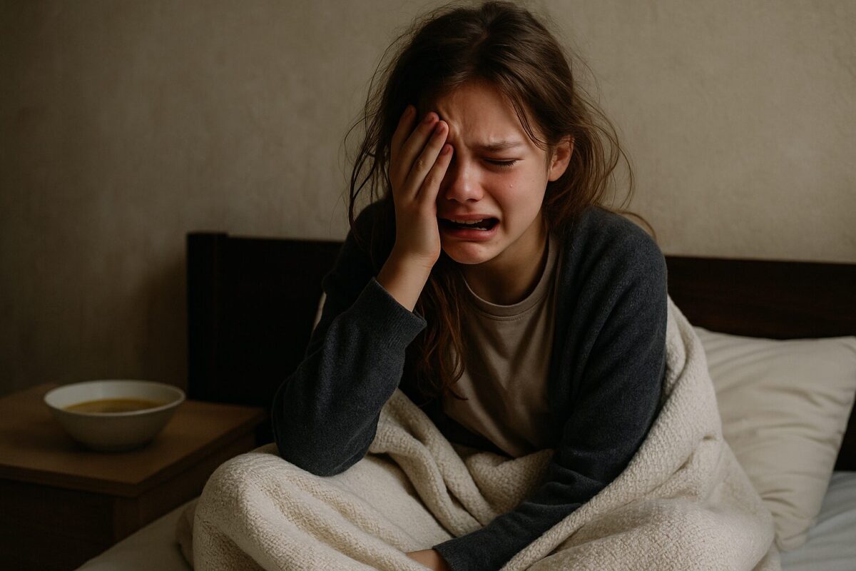 Подросток плачет, сидя на кровати под одеялом — страх и одиночество.