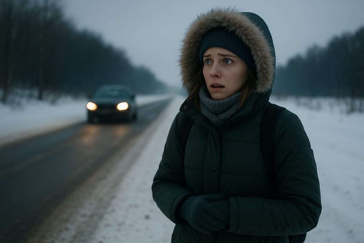 Девушка в зимней одежде на пустой дороге ждёт помощи.