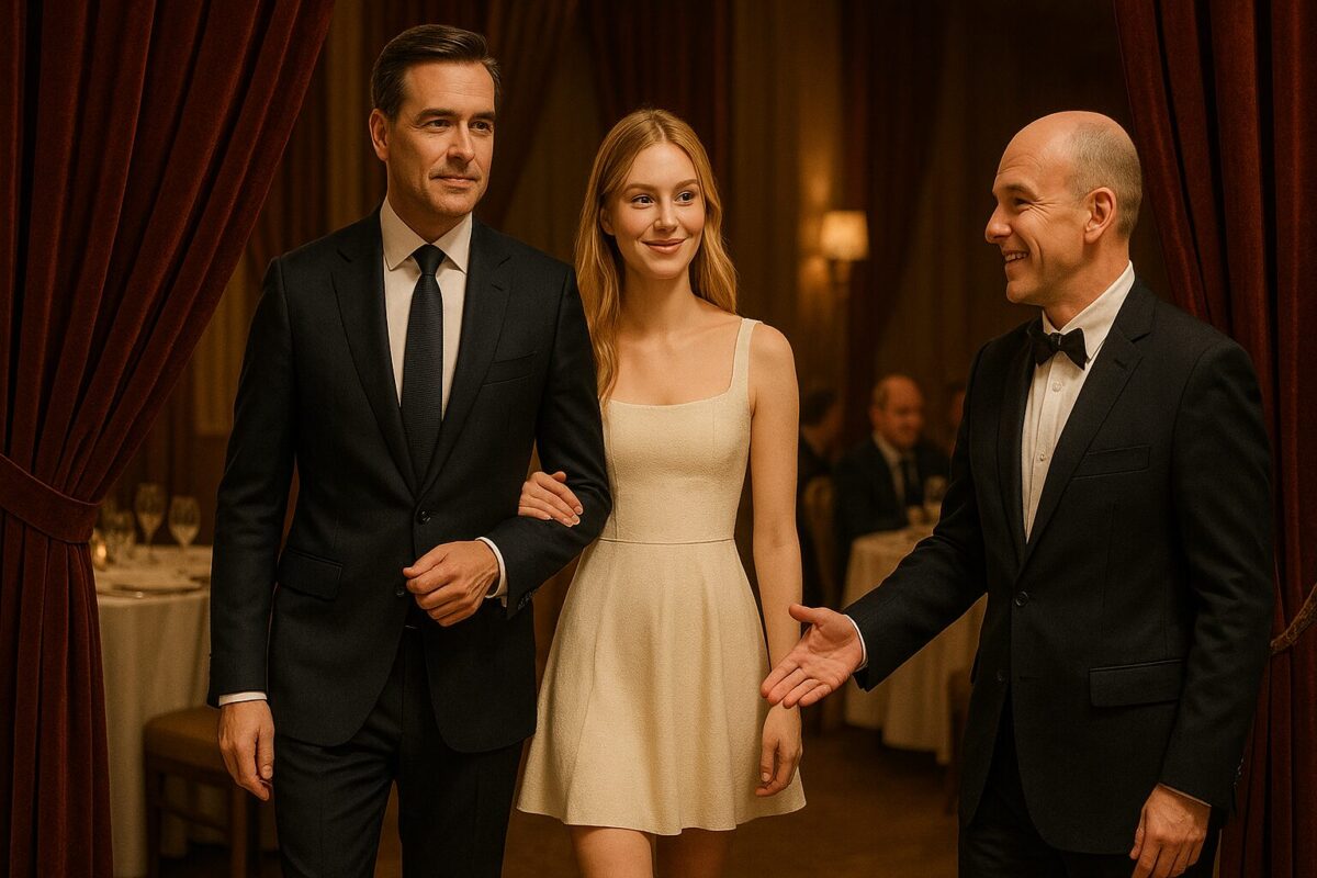 Элегантный мужчина в дорогом костюме и молодая девушка в светлом платье и сапогах входят в зал с бархатными шторами и круглыми столами, их встречает улыбающийся распорядитель; атмосфера вечернего приёма и лёгкой интриги. Спросить ChatGPT