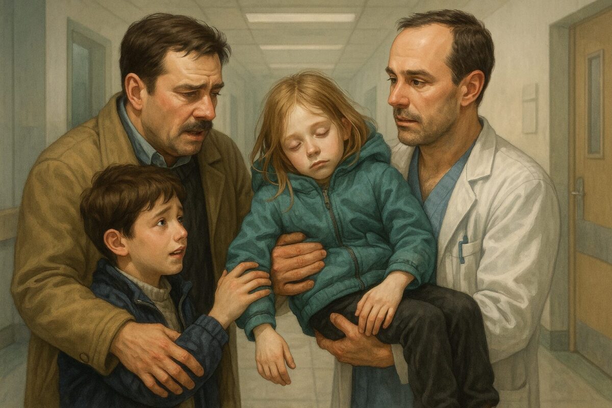 Врач держит на руках бледную девочку в куртке, выводя её из полицейской машины.