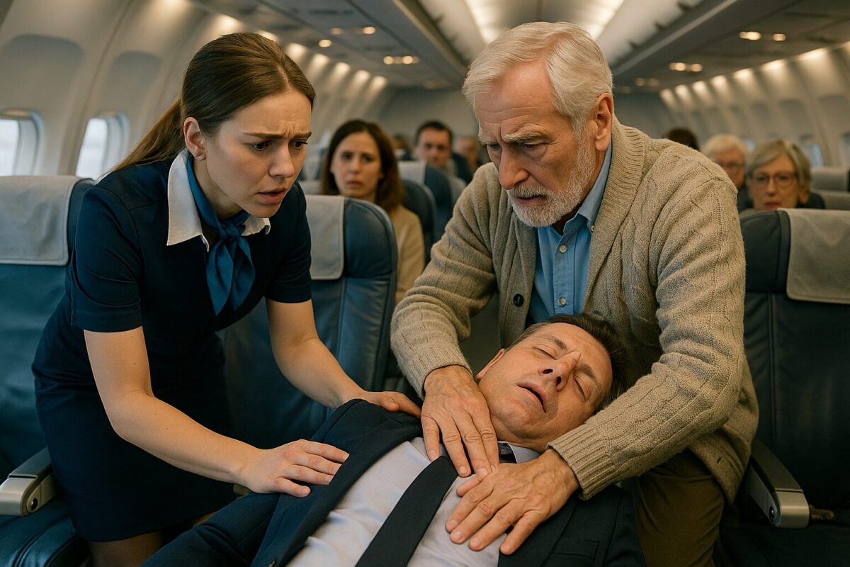 Стюардесса и пожилой фельдшер спасают пассажира в бизнес-классе самолёта.