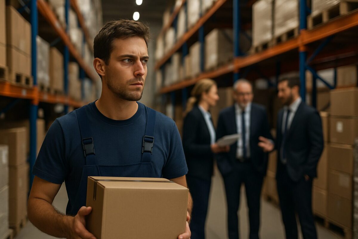Грузчик замечает подозрительный разговор делегации на складе.