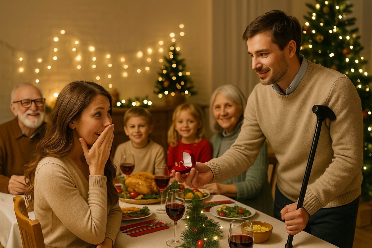 Юрий с тростью делает предложение Алёне за новогодним столом в кругу семьи.