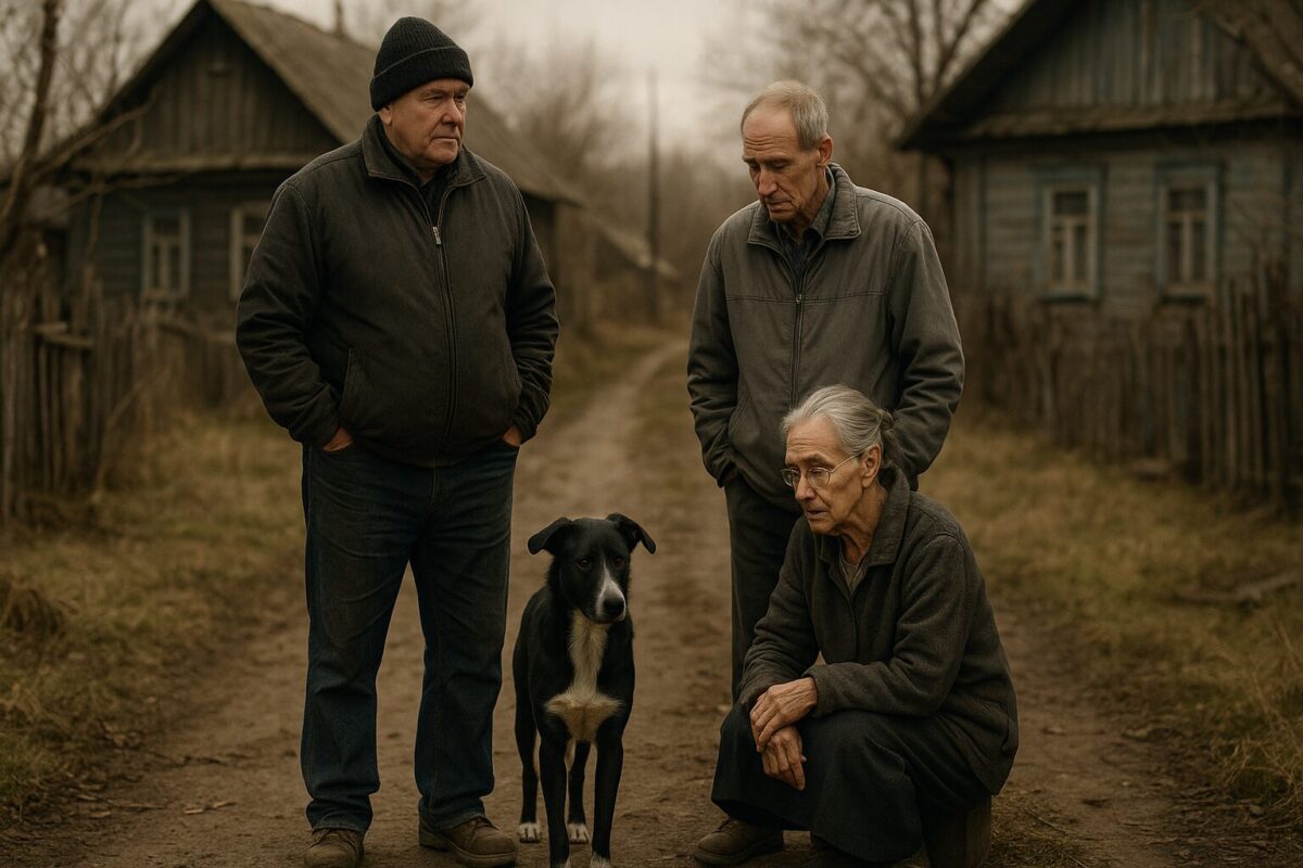 Двое пожилых мужчин в тёплой одежде идут по деревенской дороге рядом с чёрным псом с белыми лапами; вокруг — старые дома, голые деревья и серая погода, в воздухе ощущается тишина и привязанность к родному месту.