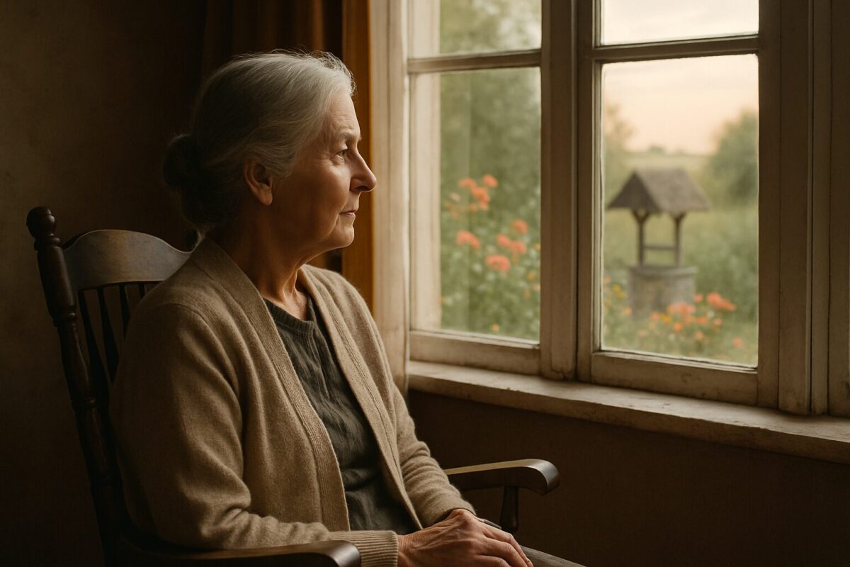 Пожилая женщина с седыми волосами в пучке сидит в кресле у окна и спокойно смотрит в сад, залитый мягким светом заката; за окном видны цветы и колодец, атмосфера — тёплая, реалистичная и живая.