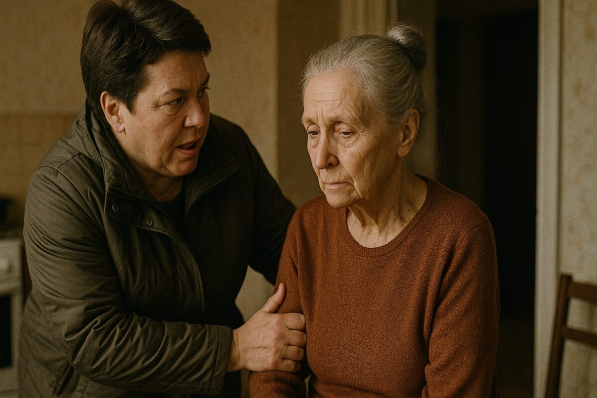 Пожилая женщина с седыми волосами в пучке и домашней кофте сидит, глядя вниз, рядом — крепкая соседка в куртке с выражением тревожной заботы, её рука мягко лежит на плече старушки; тёплый свет и домашний интерьер подчёркивают эмоциональную близость.