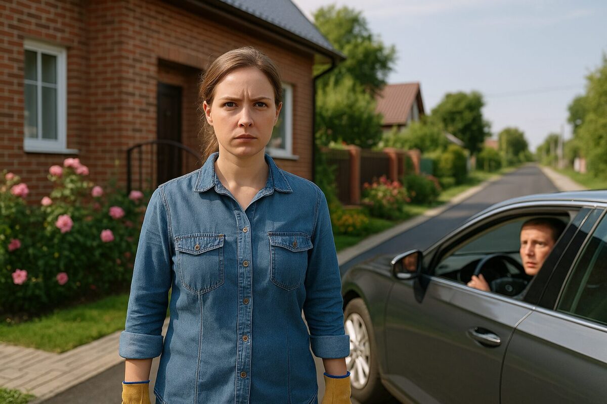 Женщина у ухоженного дома встречает растерянного мужчину в машине.