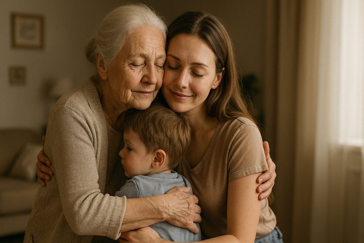 Пожилая женщина с седыми волосами обнимает молодую мать и её маленького сына в светлой гостиной; все трое прижаты друг к другу с закрытыми глазами и лёгкими улыбками, в атмосфере — тепло, любовь и спокойствие.