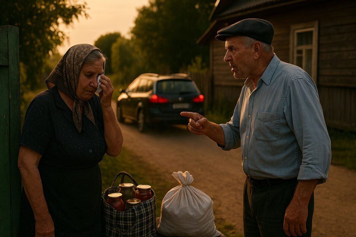 Пожилая пара на крыльце деревенского дома, в ссоре и с любовью.