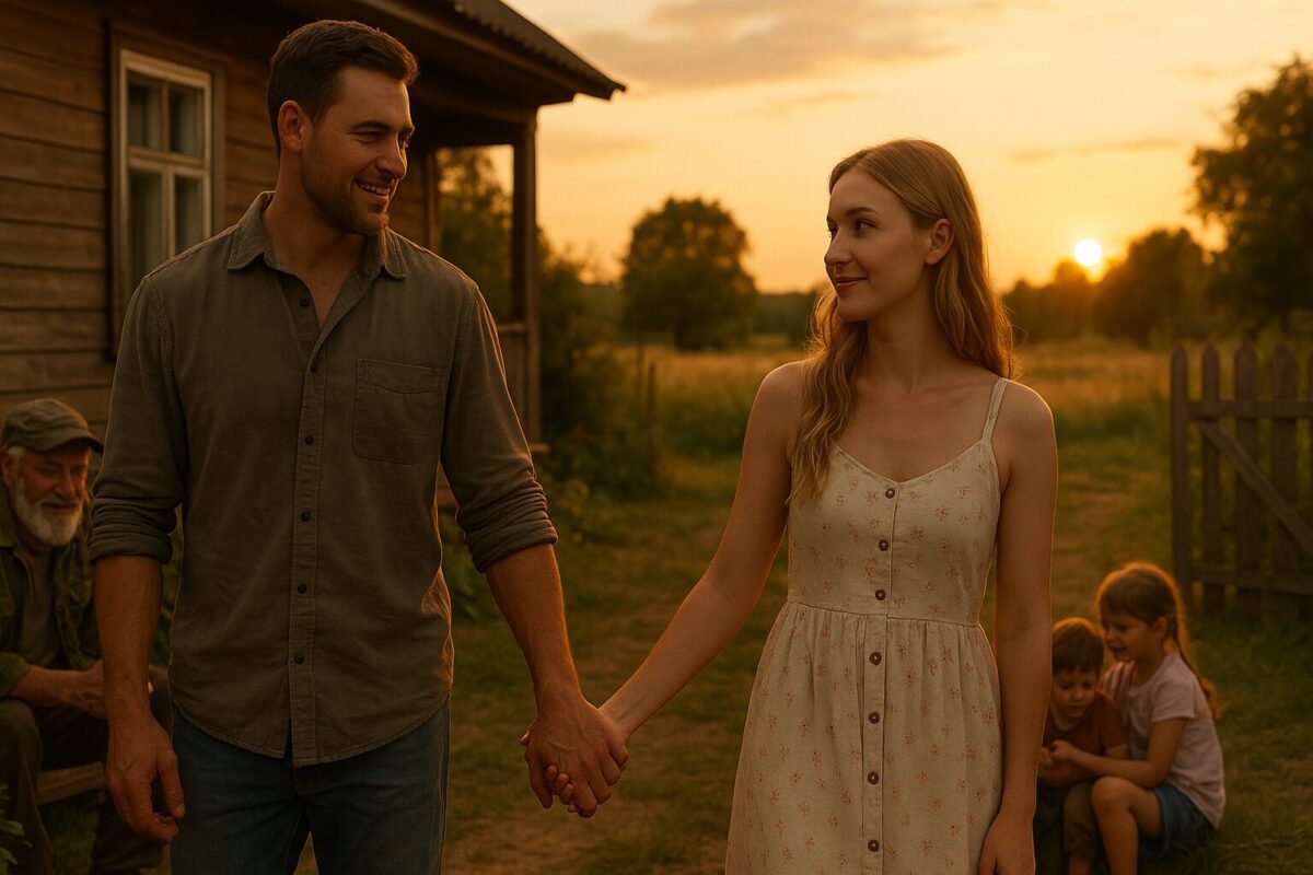 Молодой мужчина в рабочей рубахе и светловолосая девушка в сарафане держатся за руки на фоне деревенского дома на закате, рядом на крыльце пожилой егерь играет с двумя детьми; вдалеке видна калитка и открывающийся вид на поля.