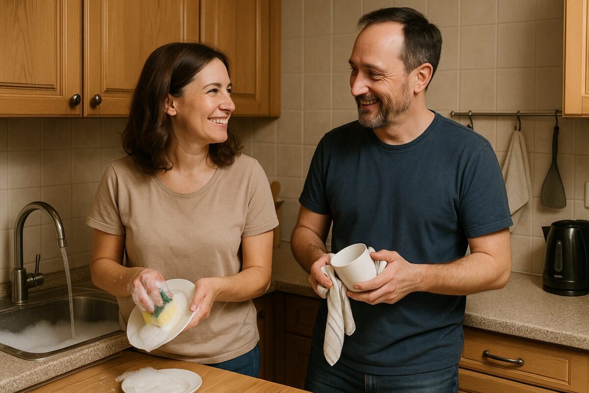 Андрей и Марина вместе моют посуду на уютной кухне, улыбаясь друг другу