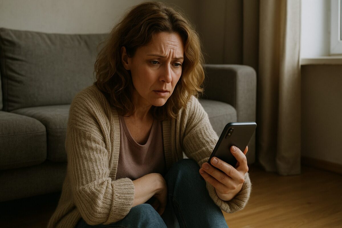 Женщина в шоке смотрит на фото мужа с другой "семьёй" в новостях.