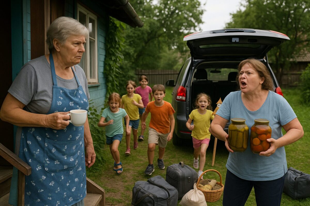 Пожилая хозяйка на крыльце спорит с родственницей, дети грузят банки из подвала в машину.