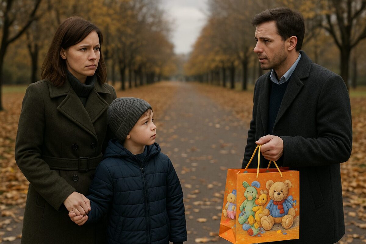 Мать и сын смотрят на мужчину с пакетом подарков в парке.