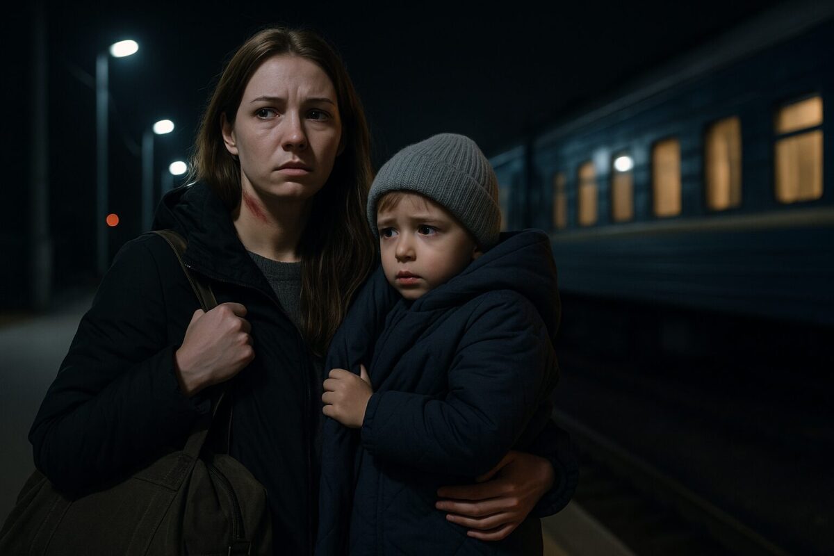 Женщина с ребёнком ночью уезжает из дома — на шее следы от рук, на лице решимость и страх.