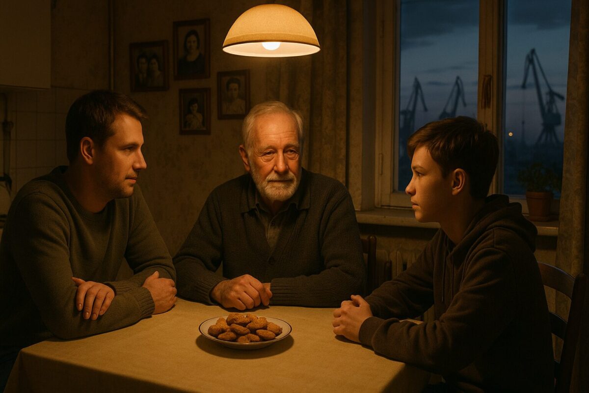 Семейный вечер на кухне: Павел, дядя Коля и Артём за чаем.