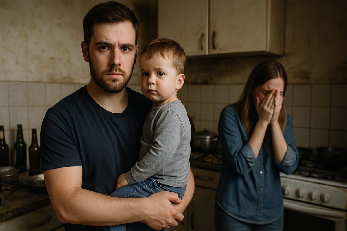 Мужчина с ребёнком на руках в захламлённой кухне с пустыми бутылками.