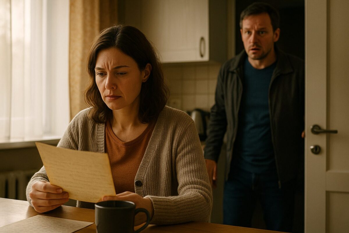 Женщина читает старое письмо на кухне, мужчина стоит в дверях с тревогой на лице.