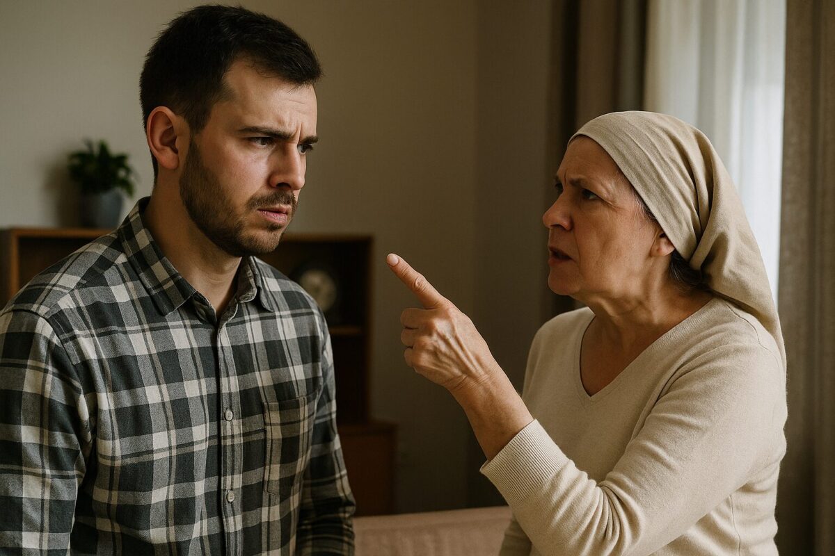 Молодой мужчина с поникшим взглядом, на фоне женщина указывает на него пальцем — семейный конфликт.
