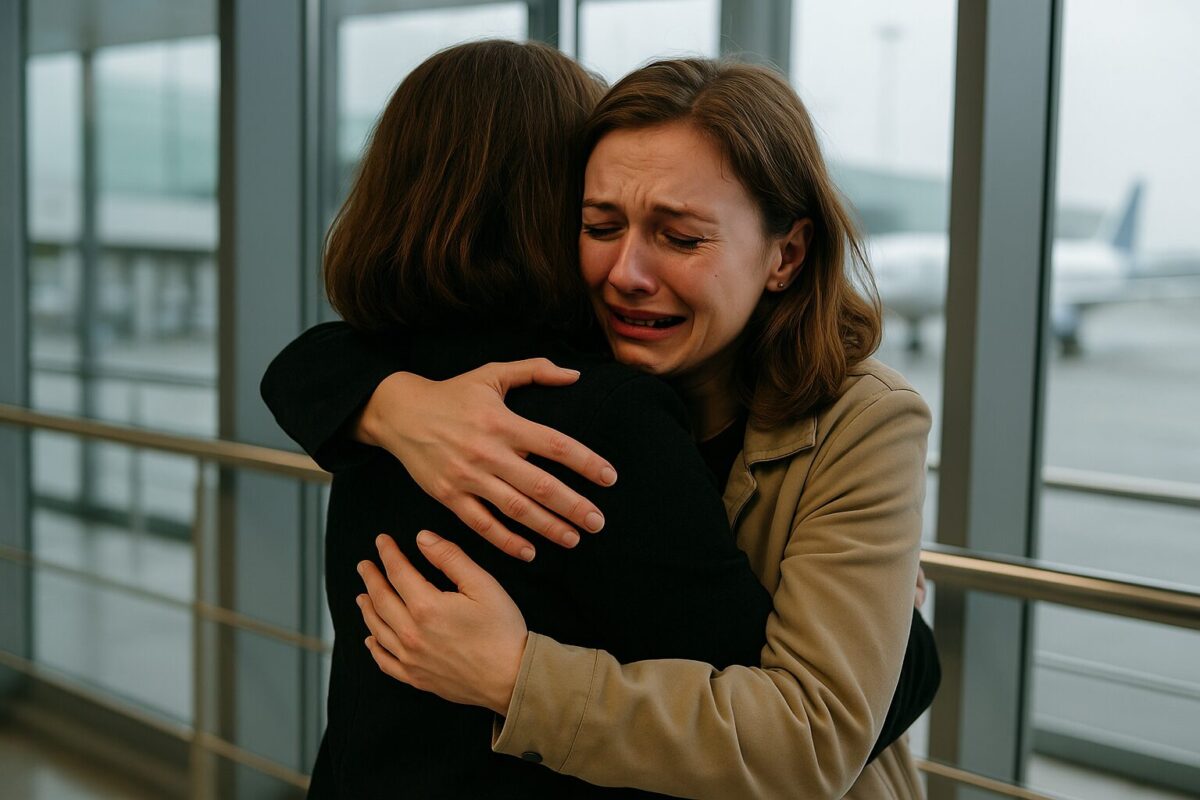Сестры‑близнецы встречаются в аэропорту после долгих лет разлуки, плачут и обнимаются.